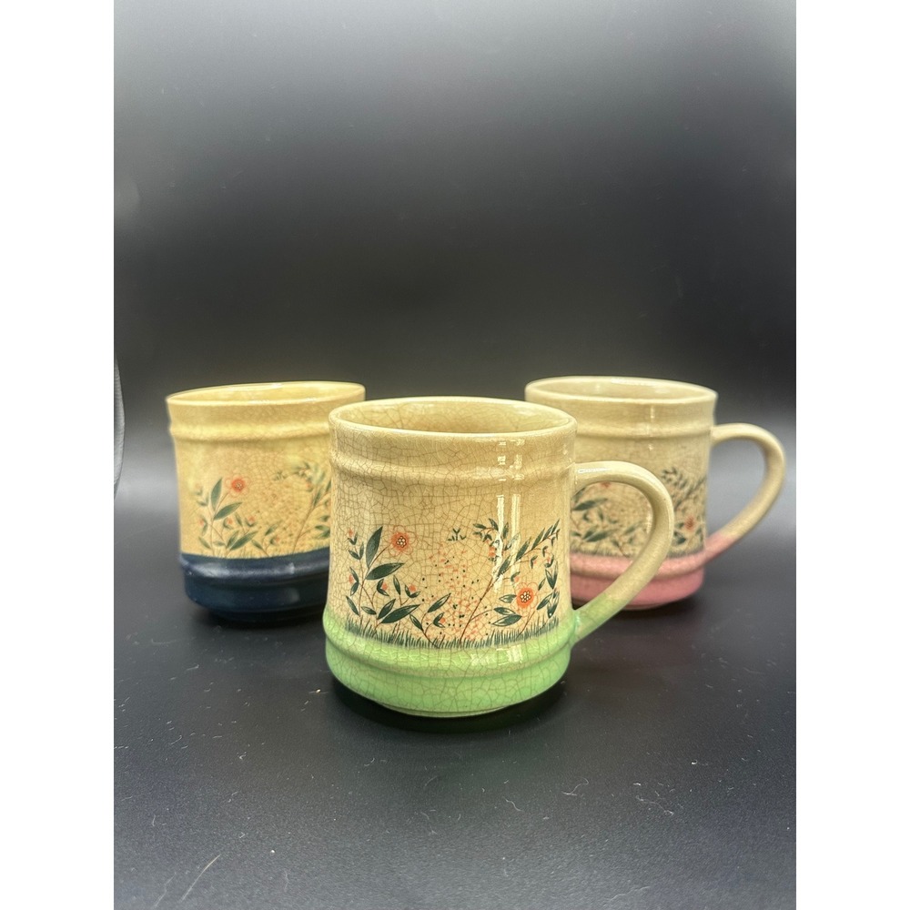 Vintage Style Crackle Glaze Floral Stoneware Mugs Set of 3 Blue Green Pink